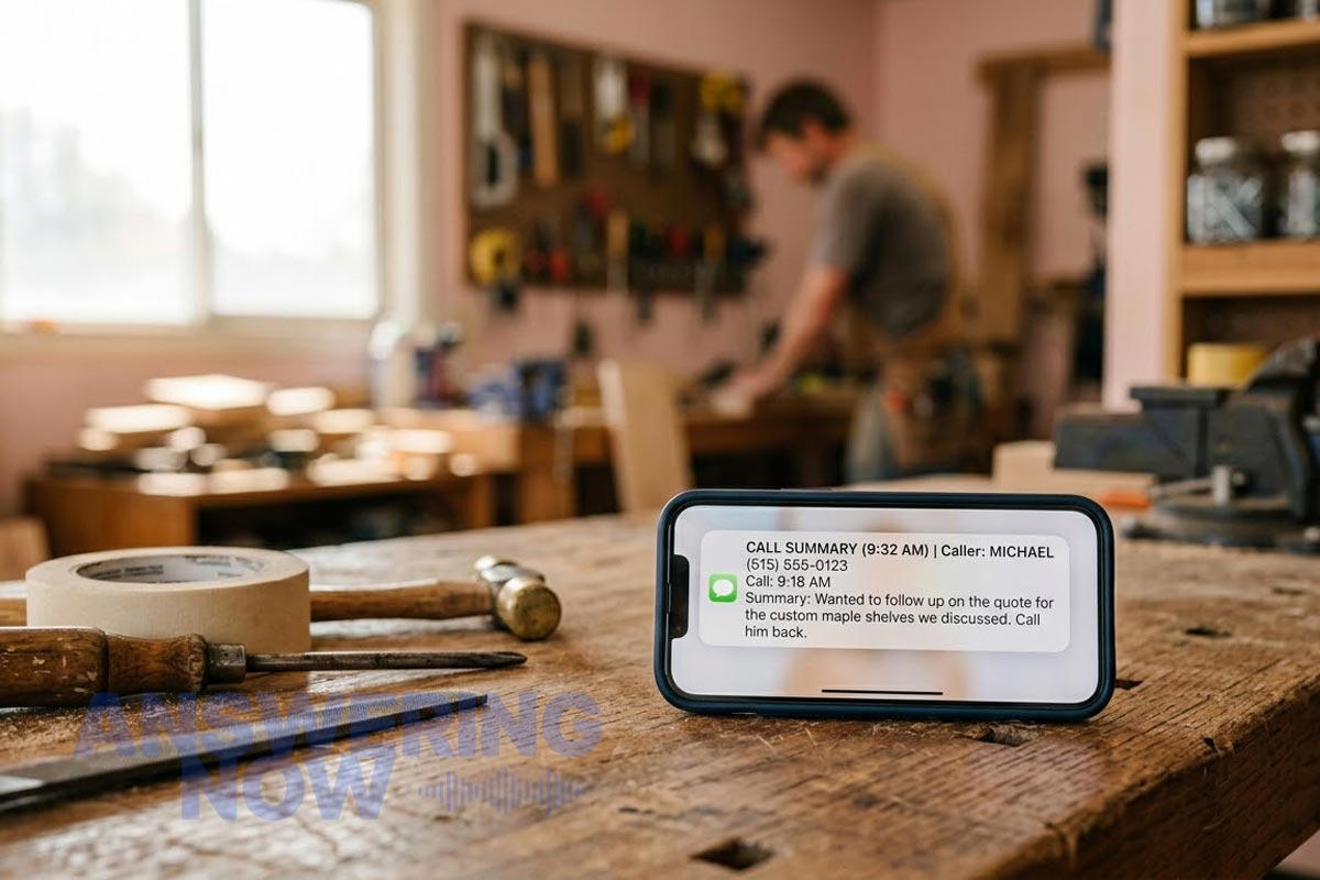 Smartphone on a workshop bench showing a call summary notification