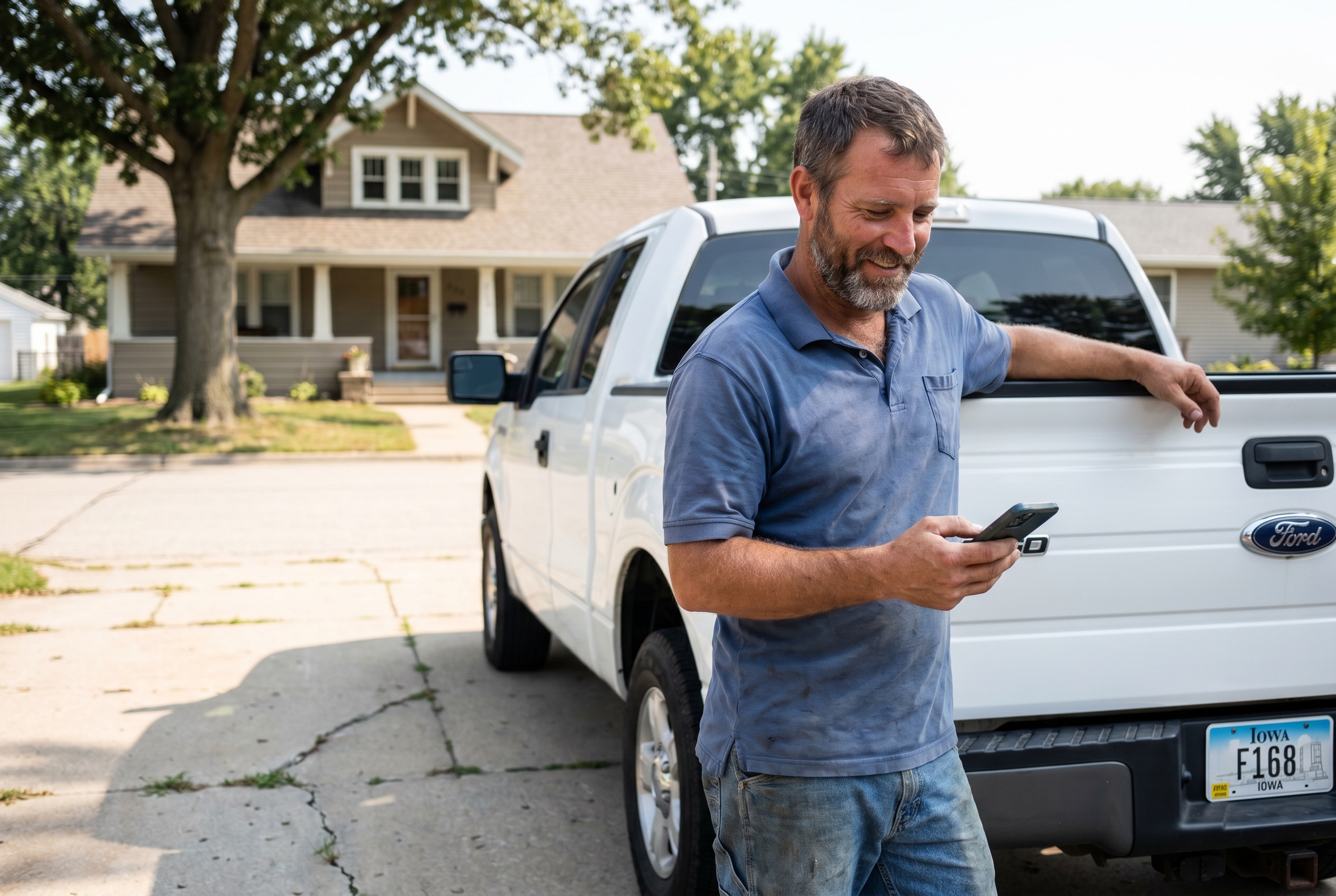 Trades business owner standing at his Ford F-150 in a Boone, Iowa neighborhood, looking at a call summary on his phone with quiet relief