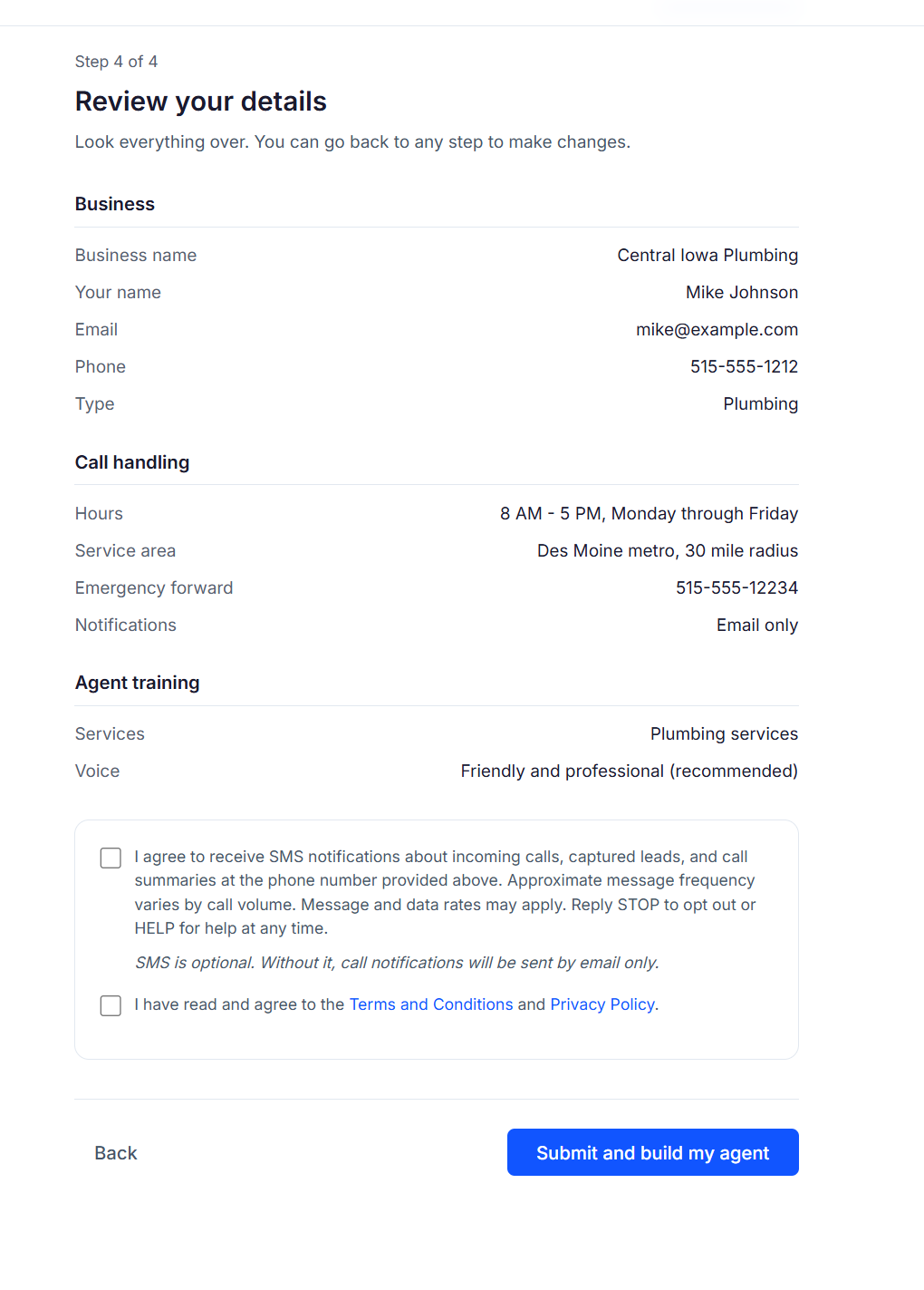 Screenshot of the Answering Now onboarding wizard Review step, showing two separate consent checkboxes. The Terms and Conditions checkbox is marked as required. The SMS notification consent checkbox is unchecked by default and labeled as optional, with the full disclosure text visible.
