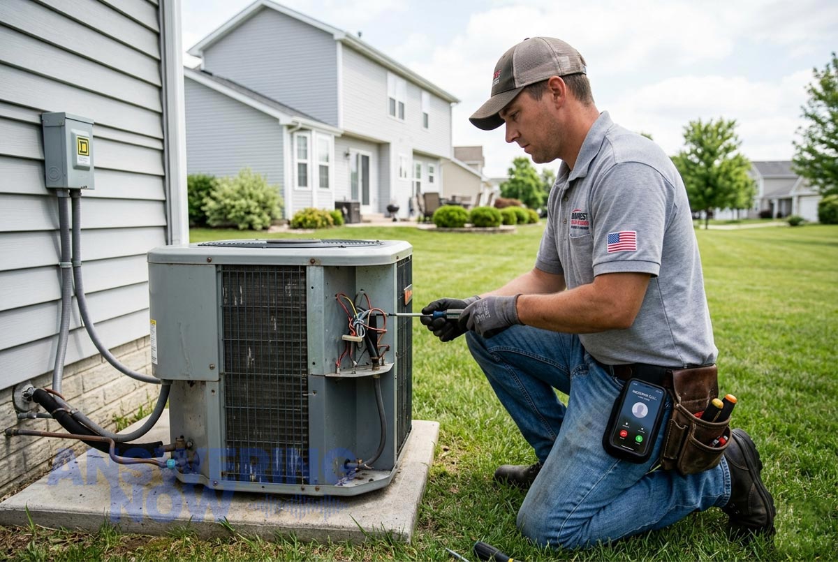 HVAC technician working on outdoor condenser unit with phone ringing on his belt