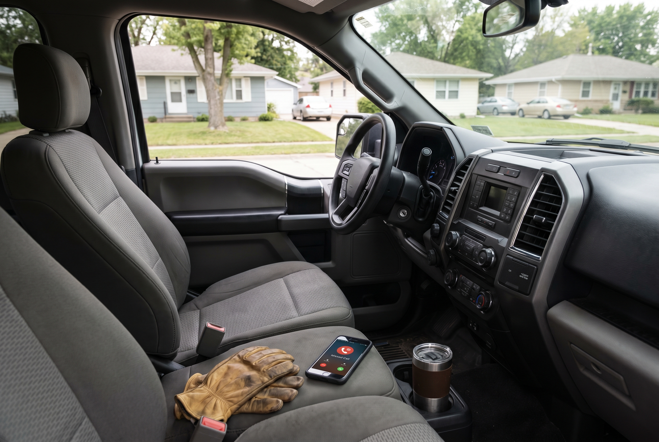 Empty work-truck cab with a phone on the seat showing a missed call notification, parked on a quiet Iowa residential street