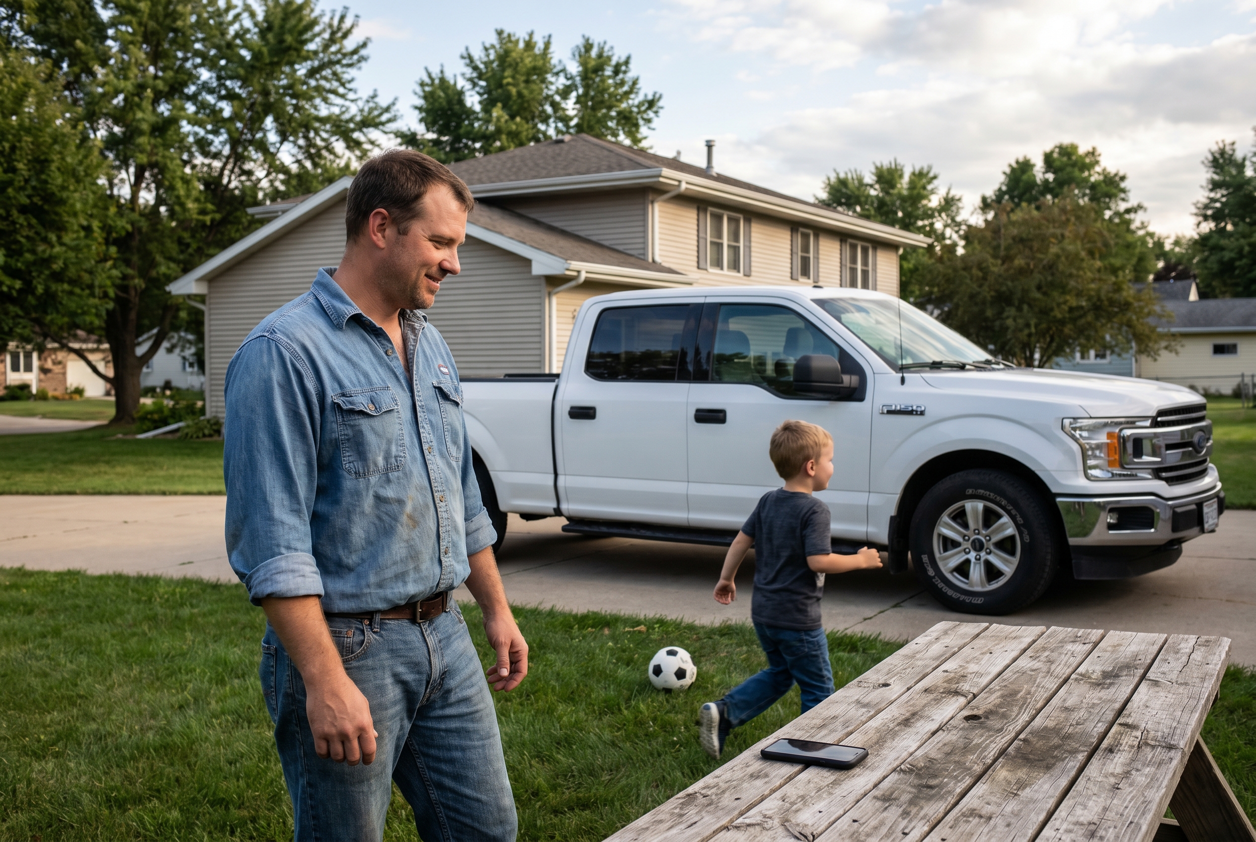 Trades business owner at home in his driveway watching his young son run with a soccer ball, his phone face-down on a picnic table beside him