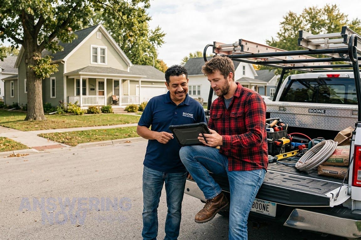 Two tradespeople reviewing a job on a tablet at their work truck