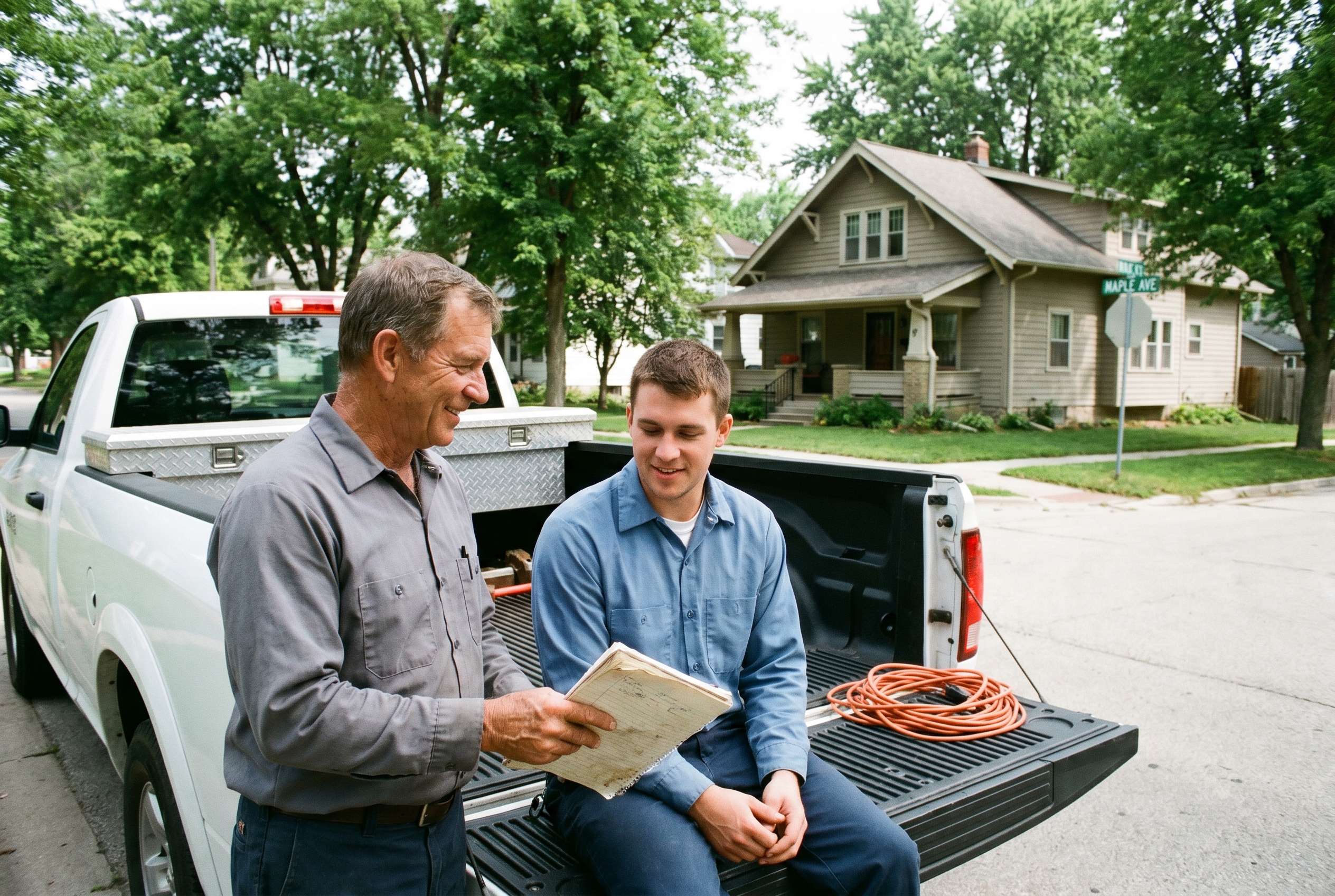 Two trades workers, one in his 50s and one in his 30s, reviewing a paper work order at the tailgate of a white pickup on a Boone, Iowa residential street
