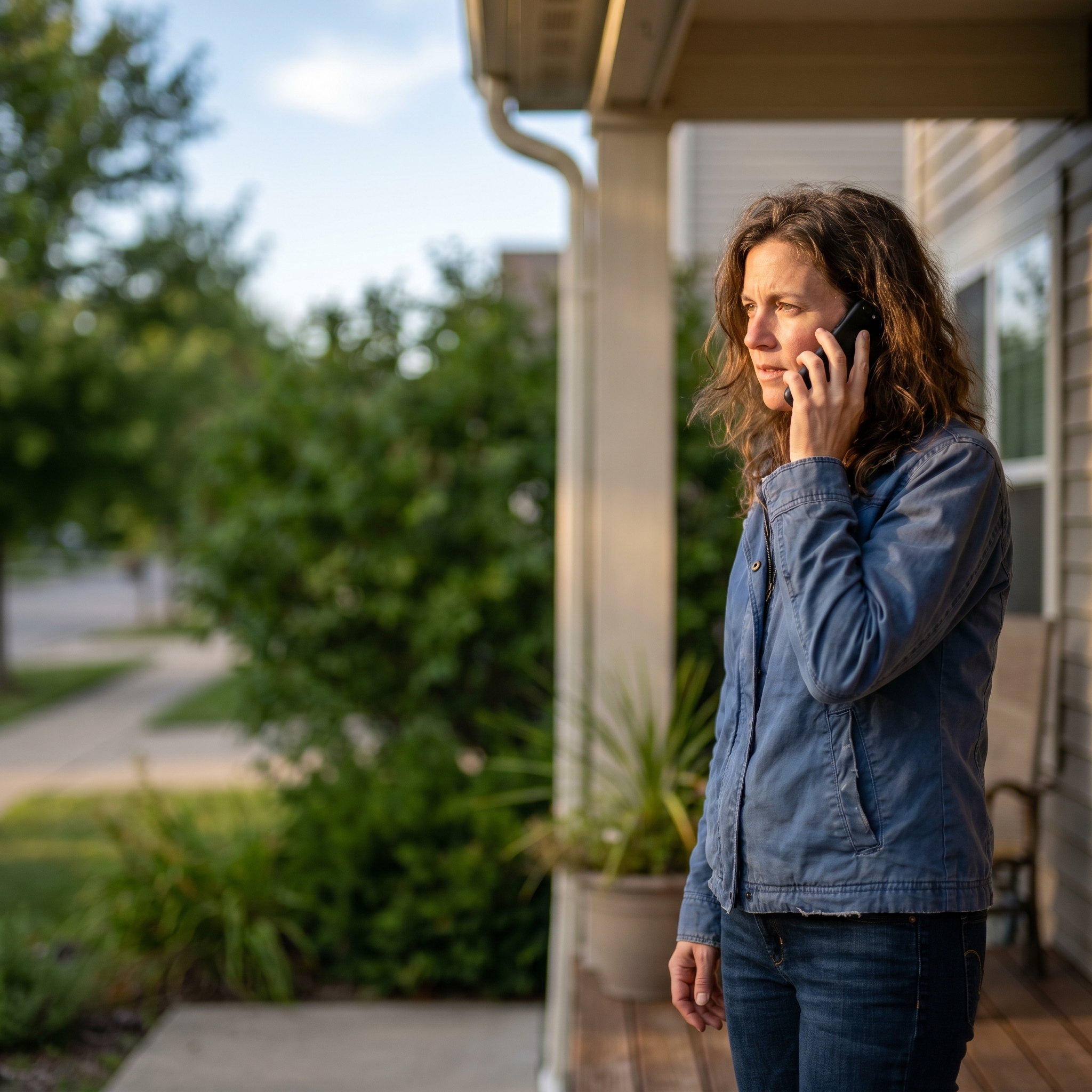 A homeowner standing on her front porch, on the phone with a trades business